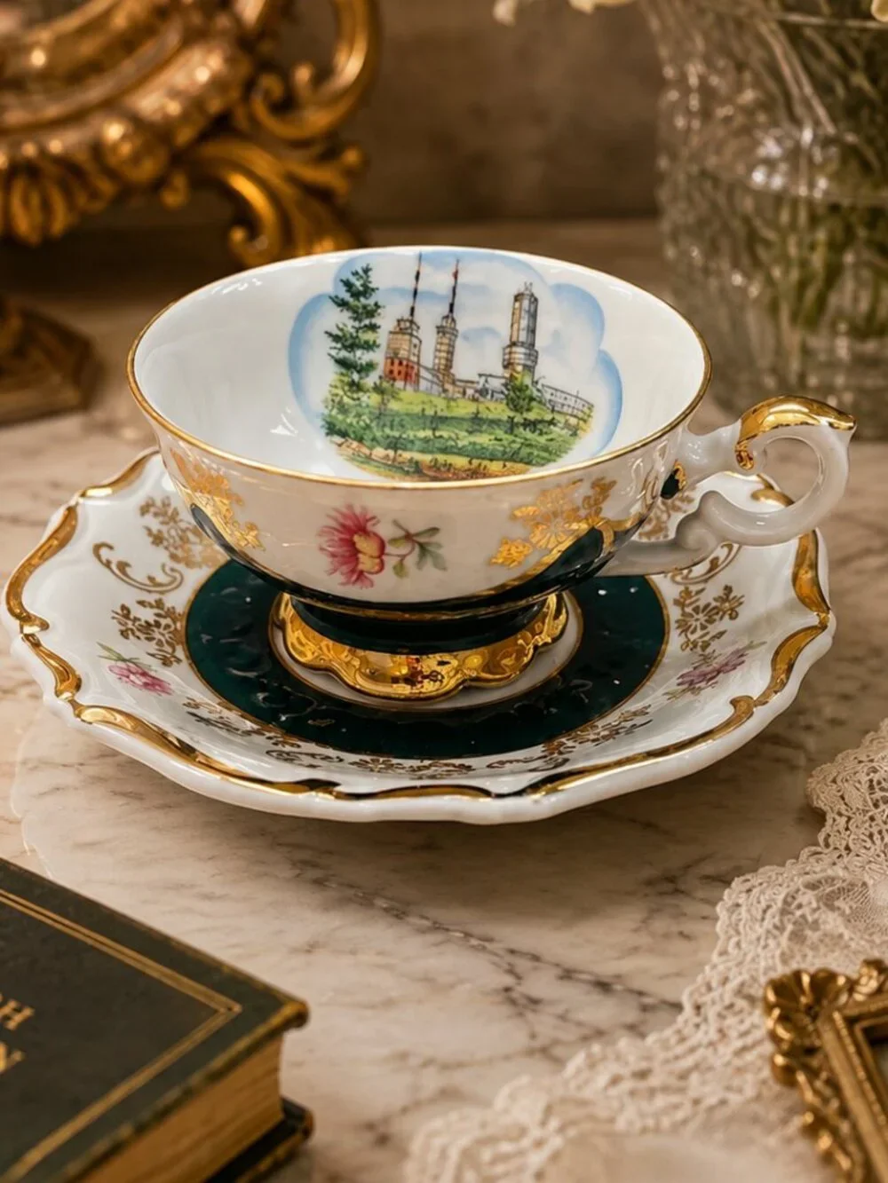 Vintage Bavaria Demitasse Emerald and Gold Hand Painted Teacup and Saucer Set